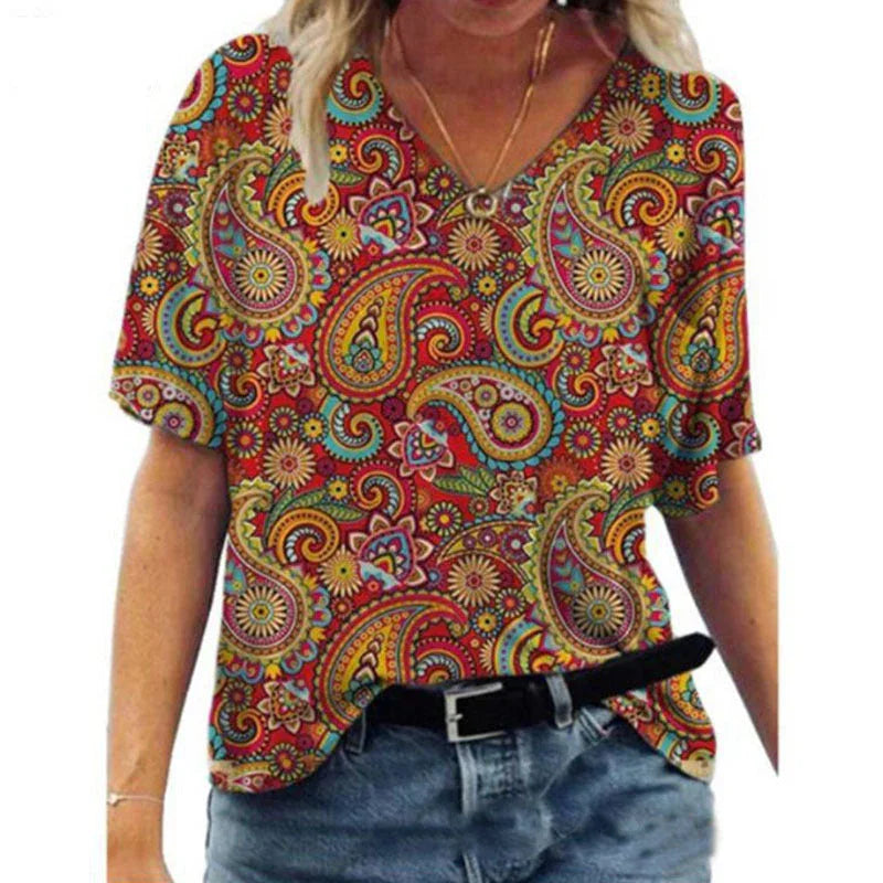 Oversized Loose V-neck Printed Short-sleeved T-shirt - VAleG