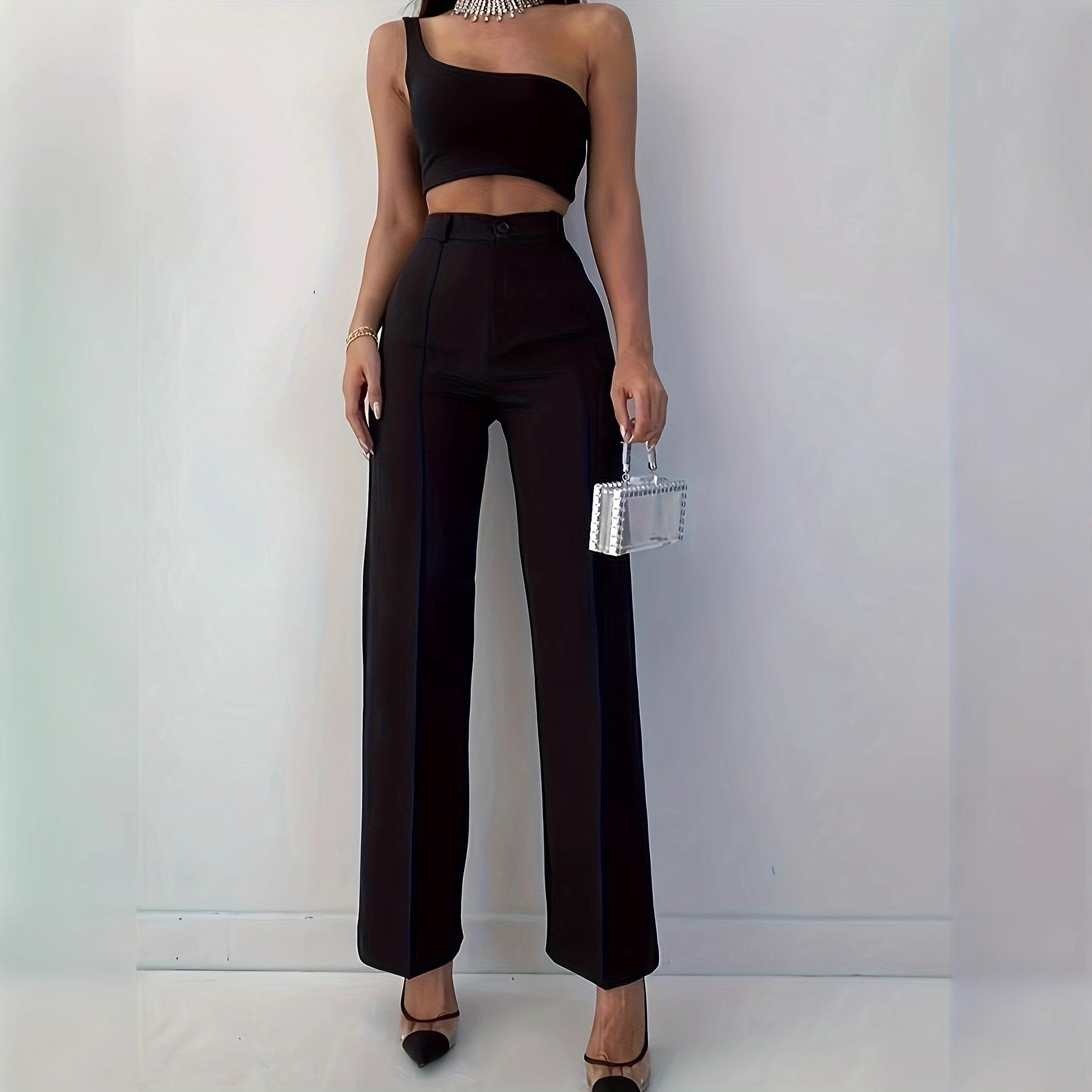 Pantaloni casual in tinta unita a vita alta