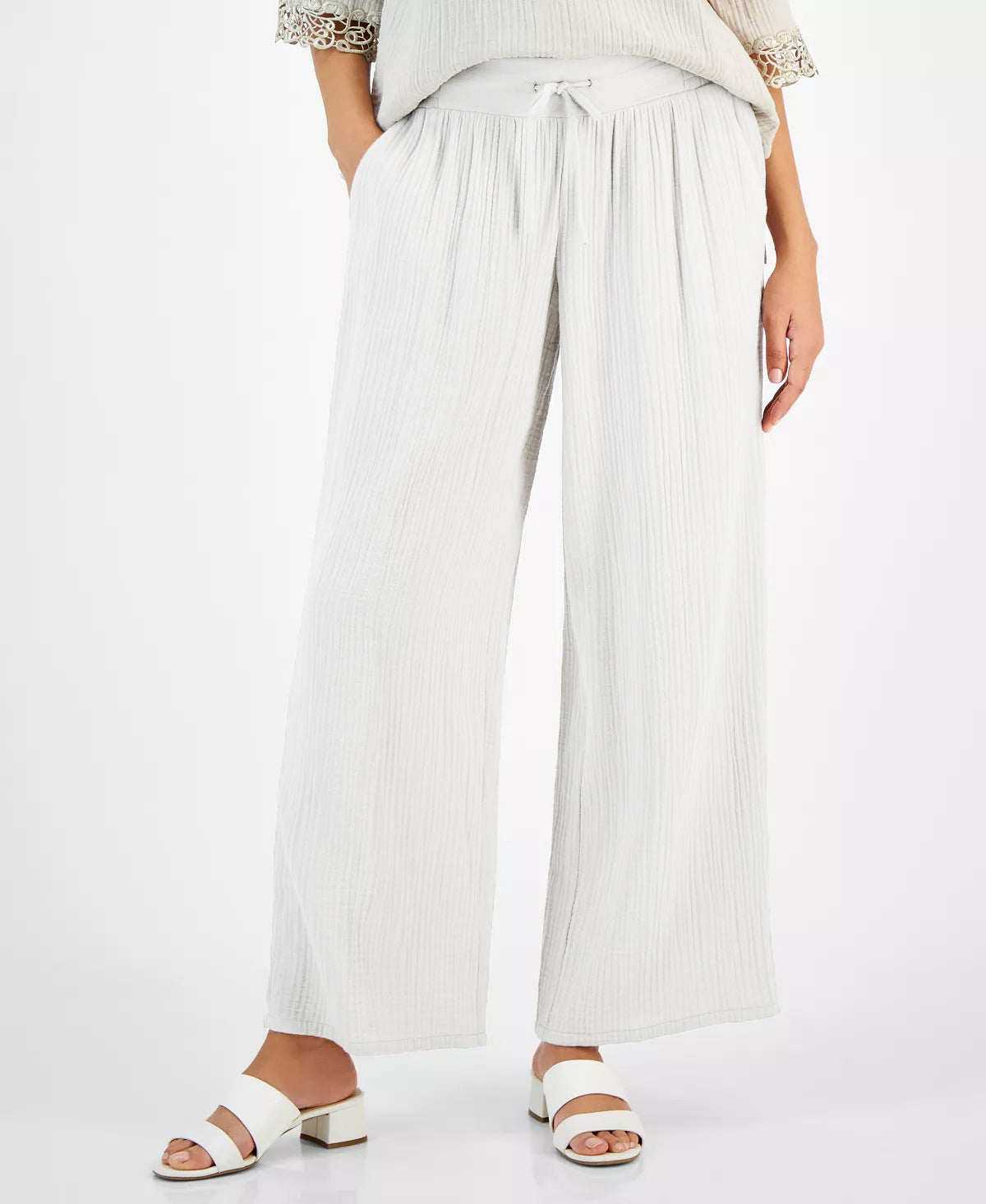 Pantaloni  Casual Con Tasche Larghi In Cotone E Lino