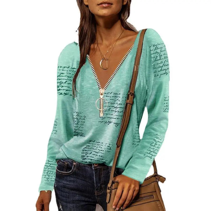 Top casual a maniche lunghe con stampa inglese e cerniera VAleG