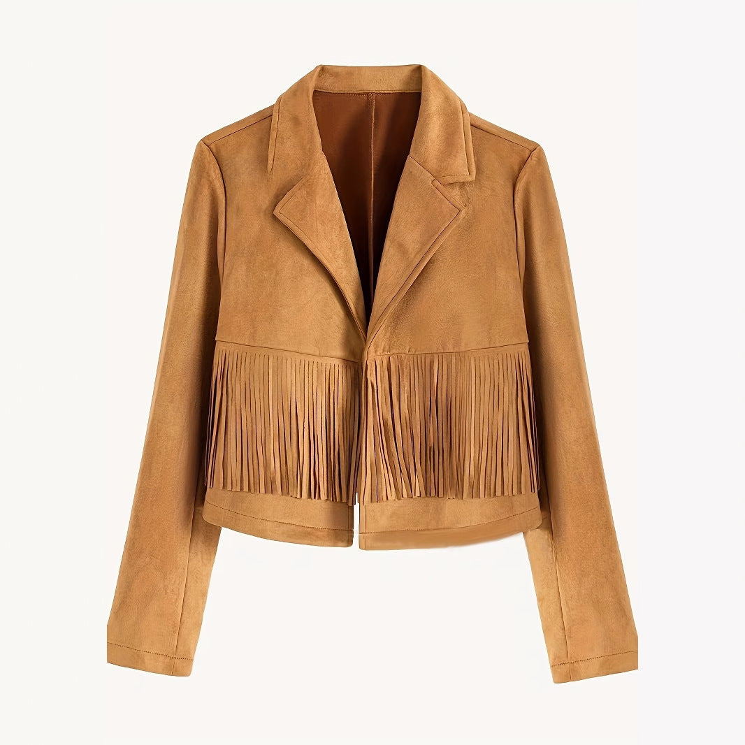 Women's Fashionable Suit Collar Long Sleeved Western Style Short Tassel Jacket - VAleG