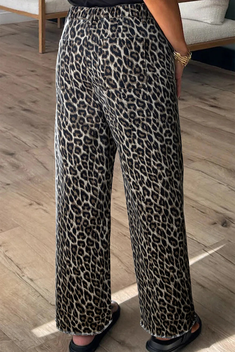 Jeans a gamba larga dritta leopardata gialla