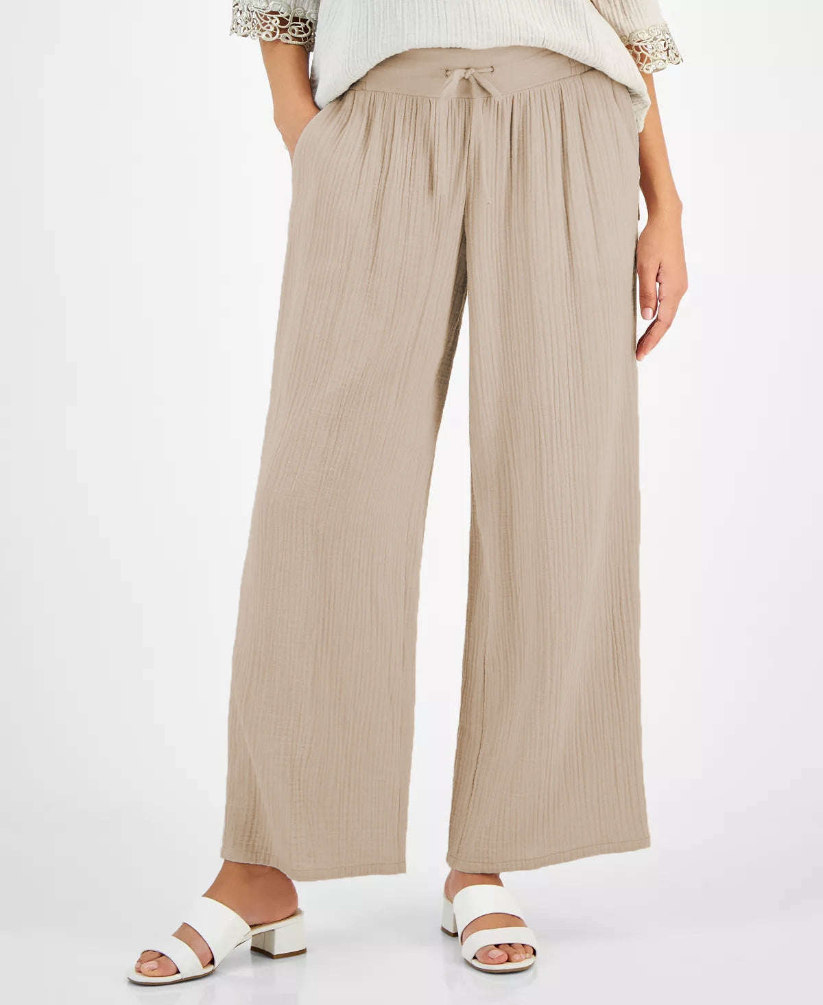 Pantaloni  Casual Con Tasche Larghi In Cotone E Lino