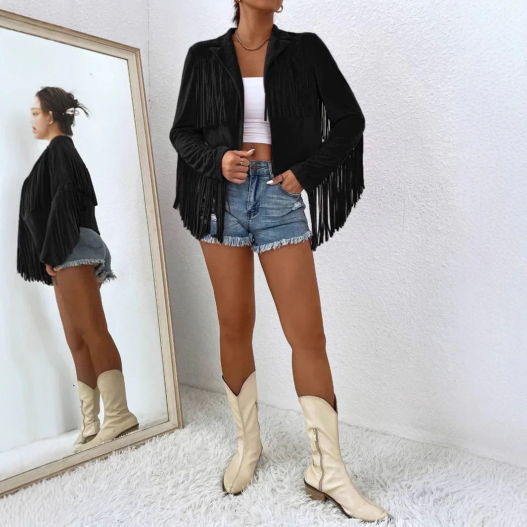 Spring And Autumn Women's V-neck Long Sleeve Fringe Jacket Solid Color Loose Short Coat - VAleG