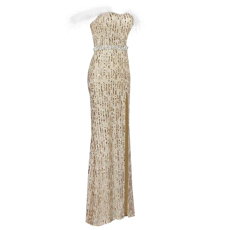 Feather Raglan Large Slit Sexy Fishtail Evening Dress - VAleG