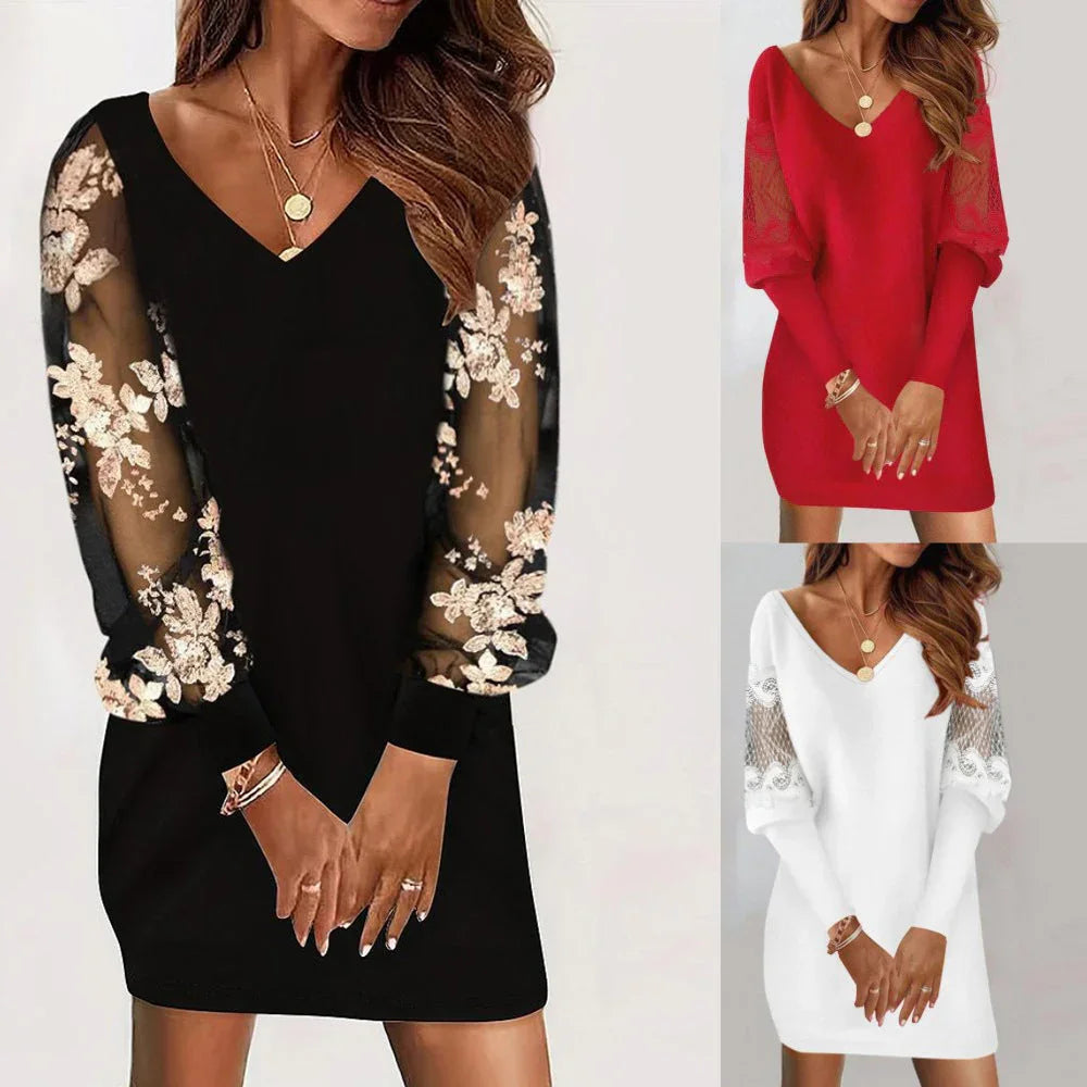 Long-sleeved V-neck Dress Spring And Autumn New Style Lace Splicing Dress For Womens Clothing - VAleG
