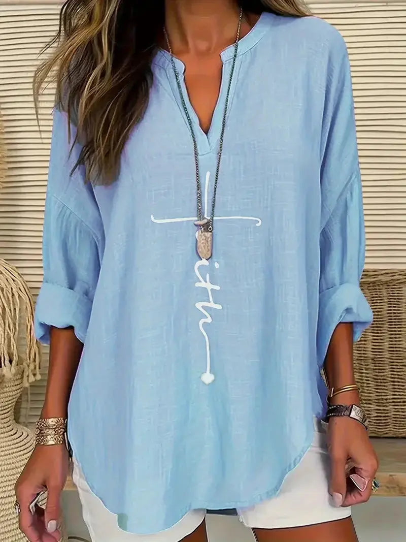 Camicia casual da donna in cotone e lino tinta unita con scollo a V VAleG
