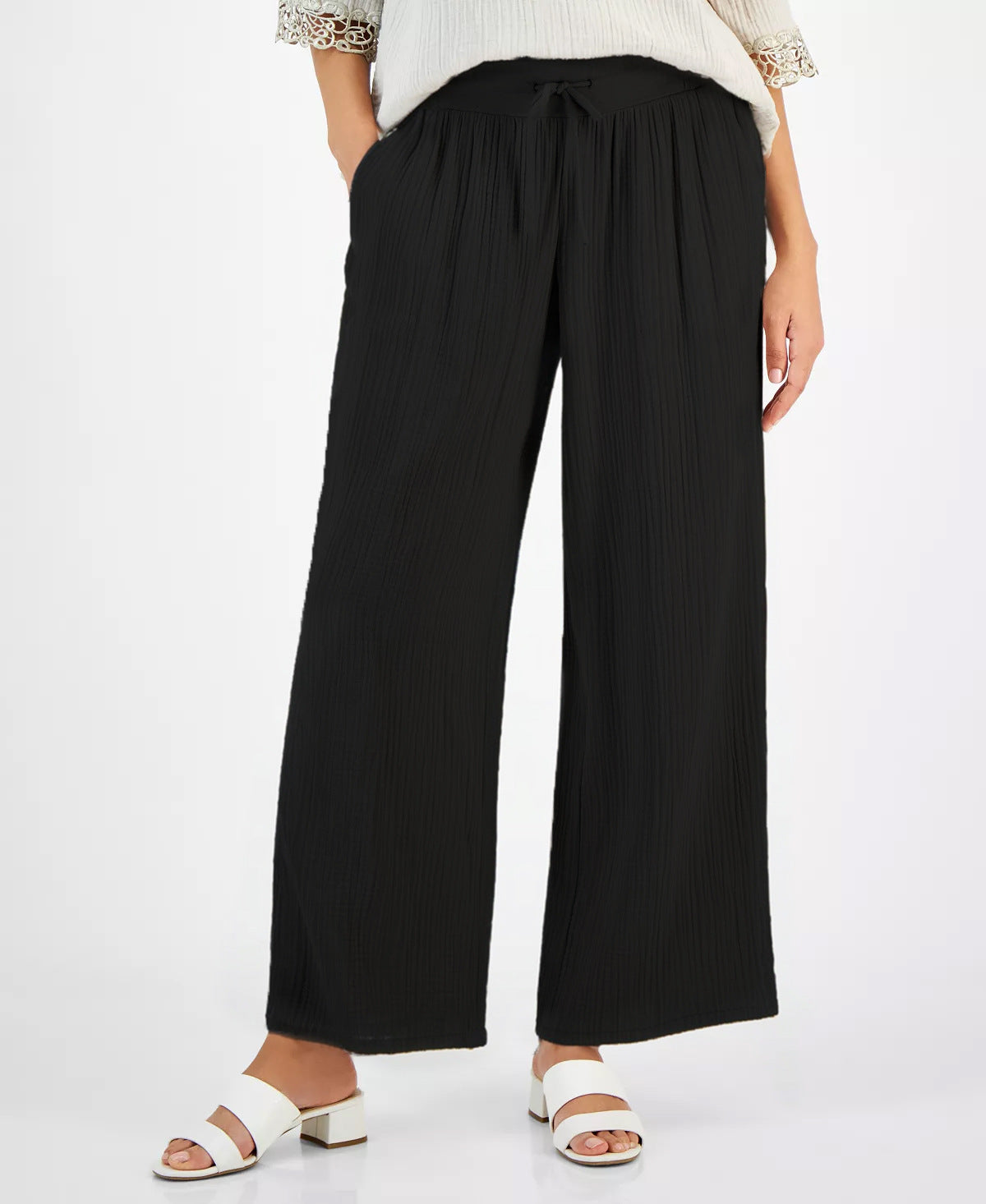 Pantaloni  Casual Con Tasche Larghi In Cotone E Lino