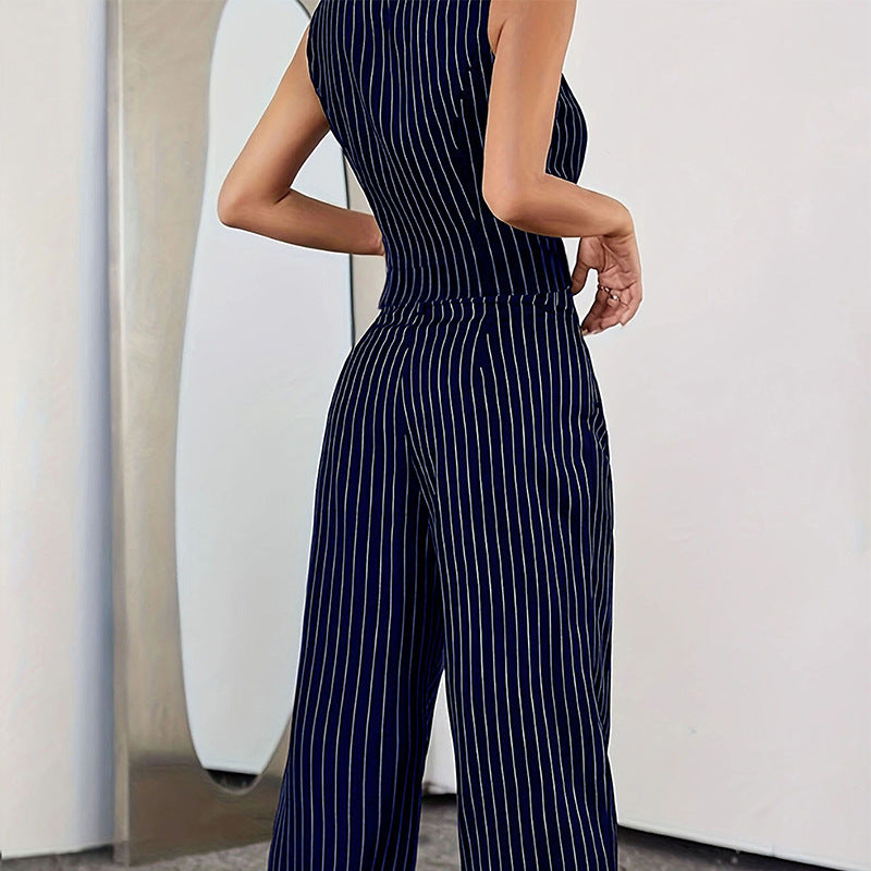 Completo - Gilet casual a righe con bottoni, pantaloni larghi e gamba larga