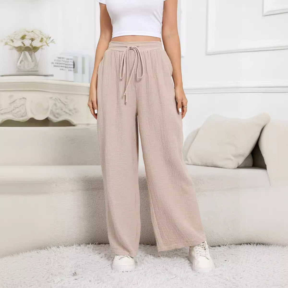 Pantaloni  Casual Con Tasche Larghi In Cotone E Lino