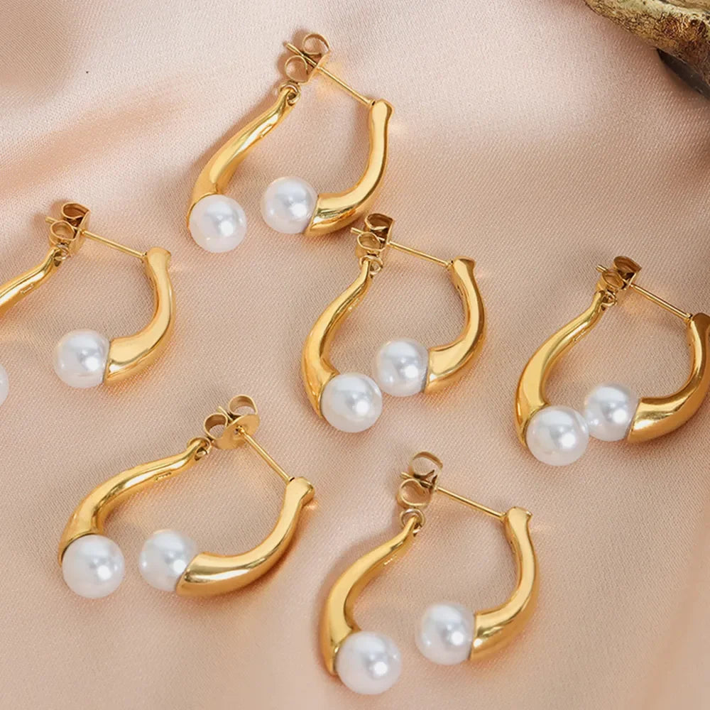Synthetic Pearl Asymmetrical Titanium Steel Earrings - VAleG