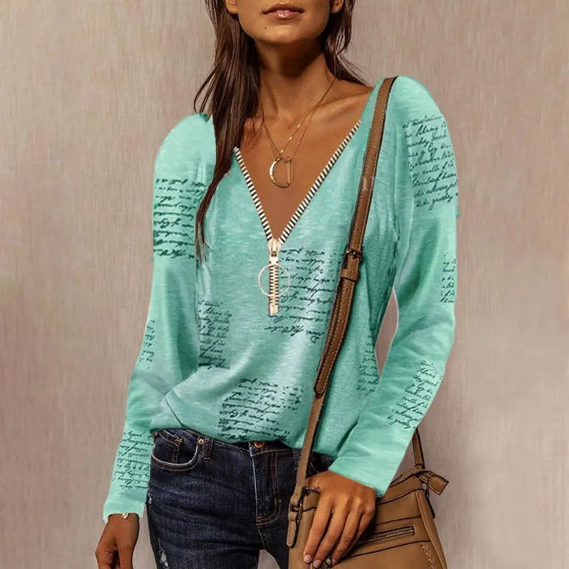 Top casual a maniche lunghe con stampa inglese e cerniera VAleG
