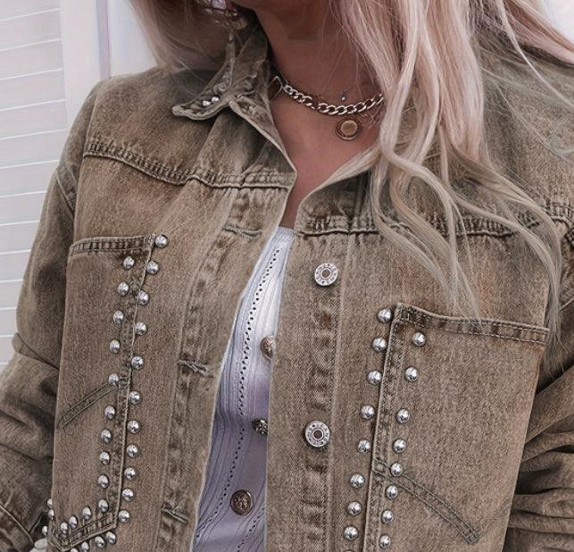 Women's Decorative Rivets Denim Jacket - VAleG