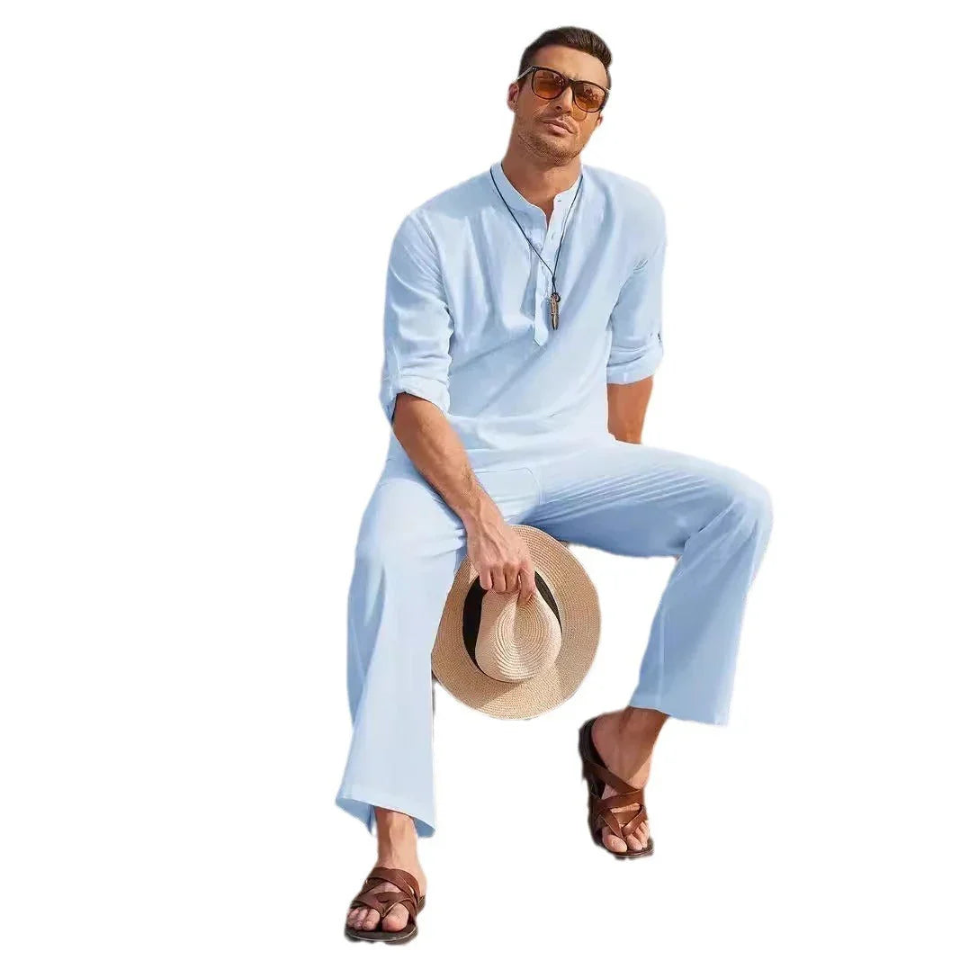 Solid Color Casual Cotton Linen Long Sleeve Blouse Trousers Suit - VAleG