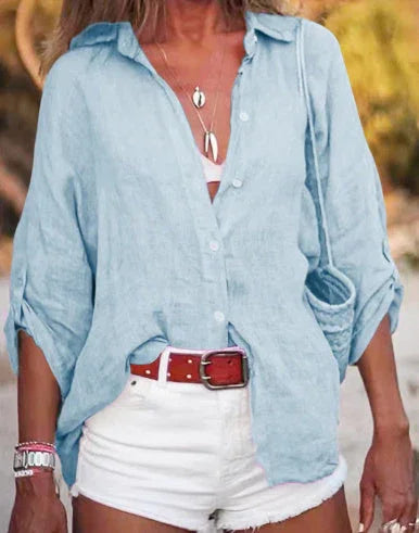 Cotton And Linen Solid Color Loose Type Sleeve Shirt - VAleG