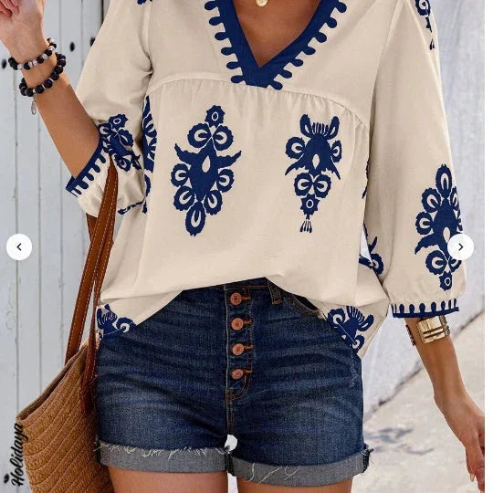 Holidaya Random Print V-Neck Casual Vacation Shirt For Women - VAleG