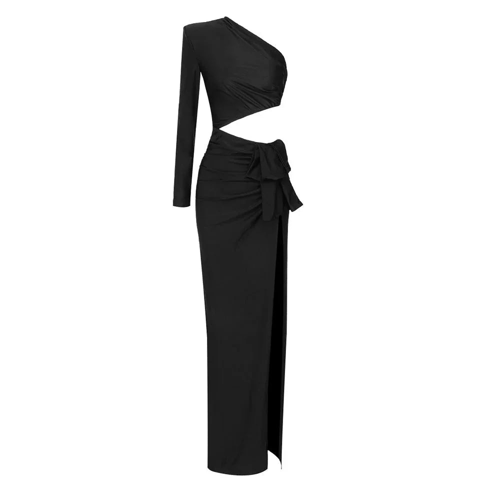 Women's Long Sleeved Hollow Slit Elastic Sloping Shoulder Dress - VAleG