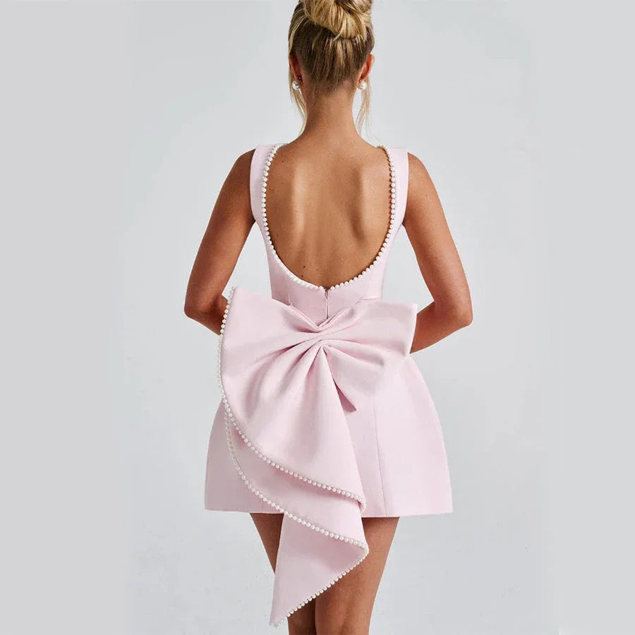Fashion Big-Bowed Pearls Backless Dress Summer Slim Sleeveless A-line Dresses For Party Evening Women's Clothing - VAleG