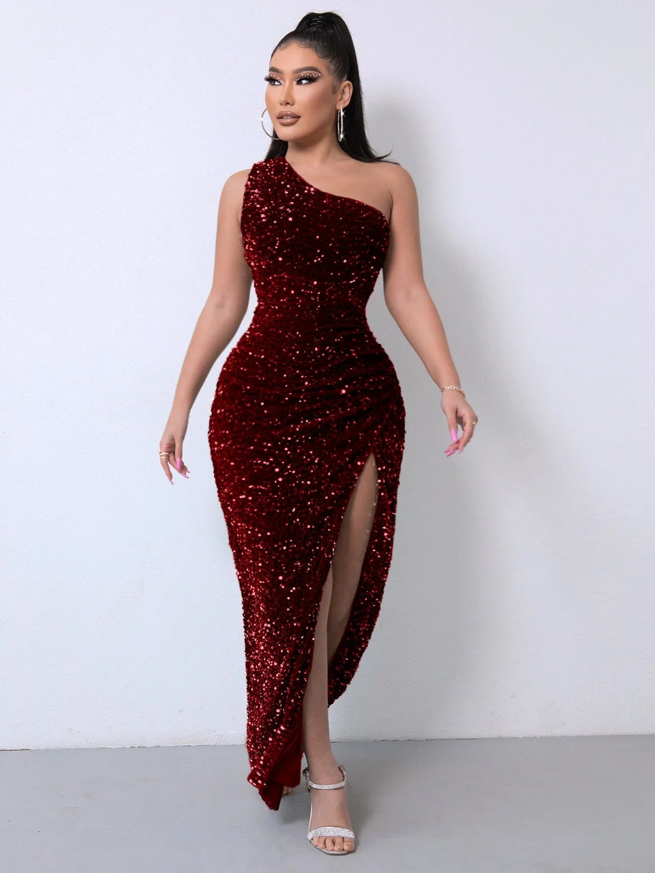 Foreign Trade Sleeveless One Shoulder Slash Neck Sequins Gorgeous Slit Women's Dress - VAleG