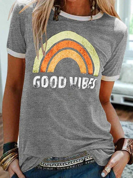 Women's Printed Round Neck Short Sleeve T-shirt - VAleG