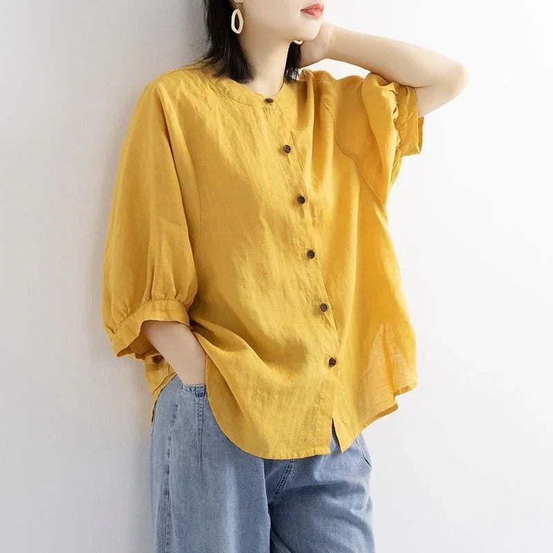 Women's Retro Literary Cotton And Linen Shirt Lantern Sleeve Top Loose - VAleG