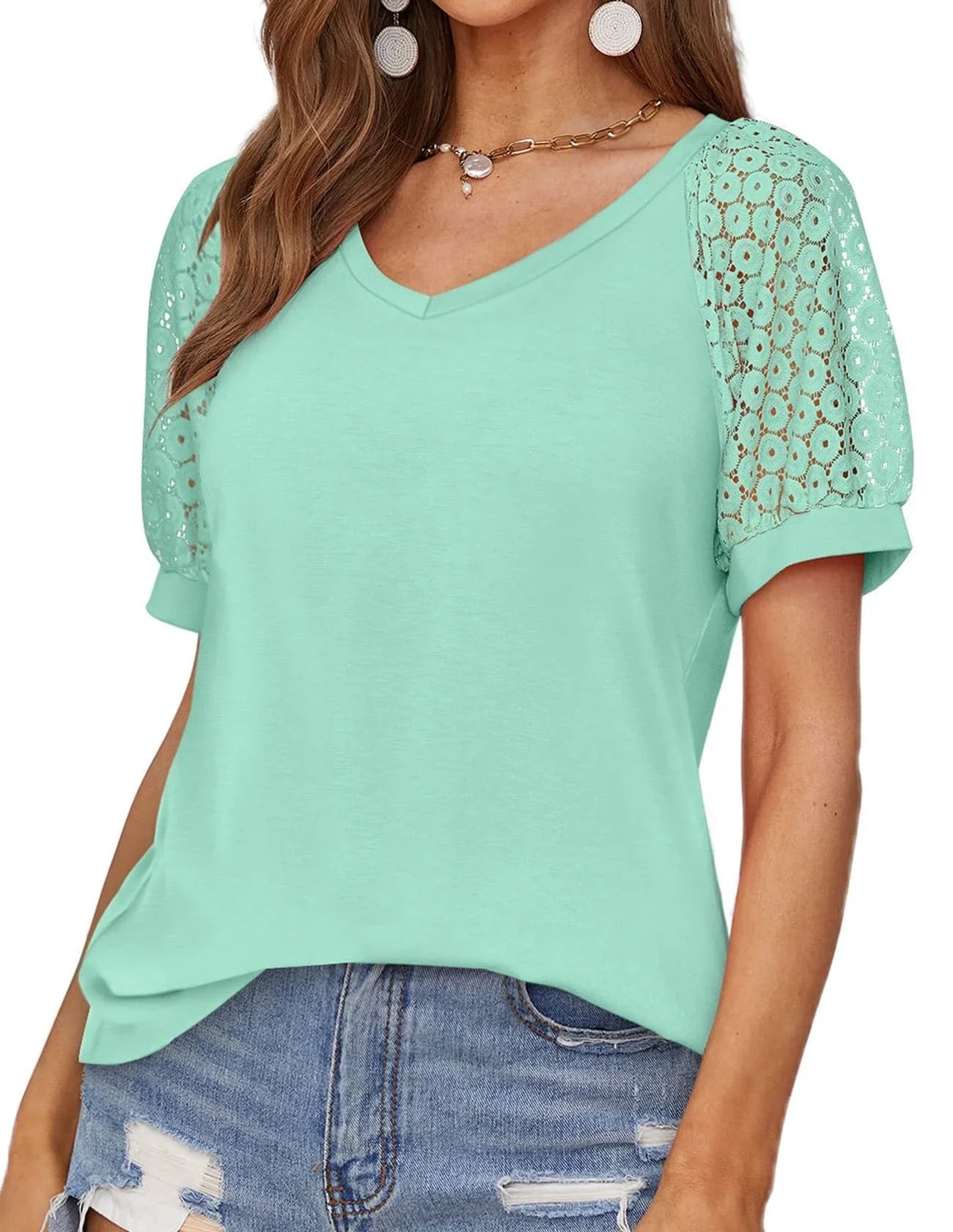 V-neck Lace Stitching Casual T-shirt For Women - VAleG