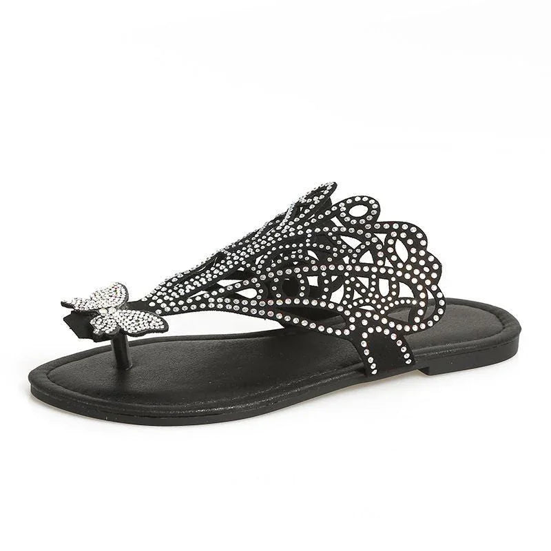 Slip-on Flip-toe Sandals Women's Rhinestone Hollow Flat-heeled Slippers - VAleG