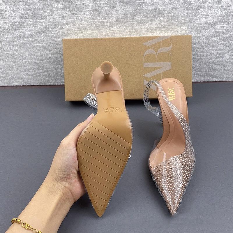 Women's Natural Color Shiny Ornament Rhinestone Pointed Toe Low-cut High Heels - VAleG