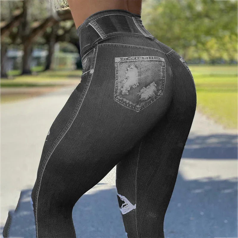 Ladies High Waist High Stretch Faux Denim Leggings - VAleG