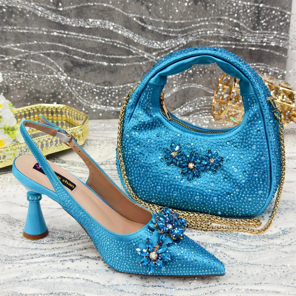 Pointed Toe High Heel Rhinestone Flower Shoes With Handbag Soft - VAleG