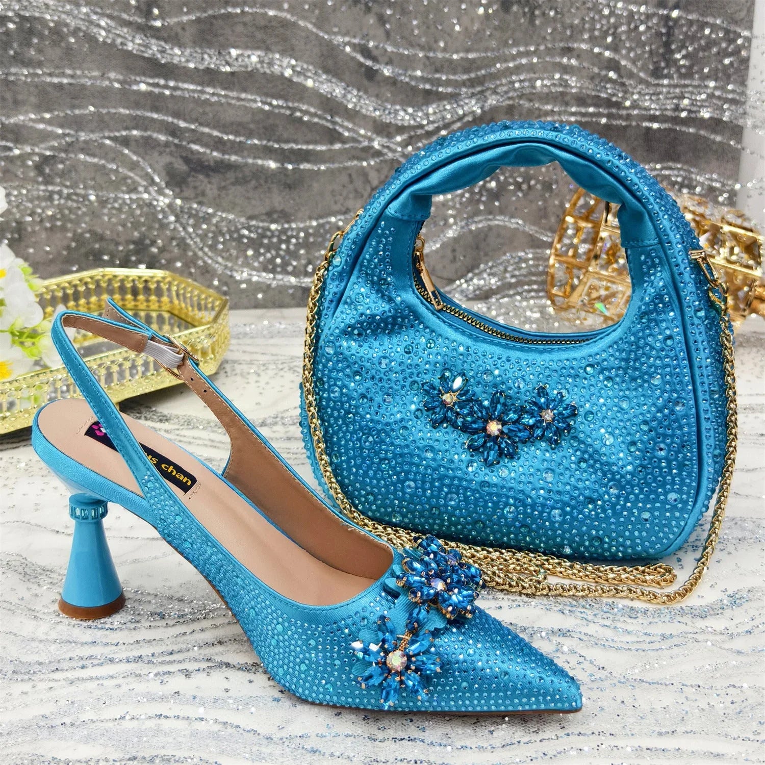 Pointed Toe High Heel Rhinestone Flower Shoes With Handbag Soft - VAleG