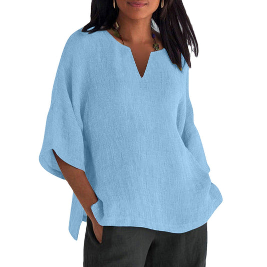 Three-quarter Sleeve Cotton And Linen V-neck Top Split Women's Clothing VAleG