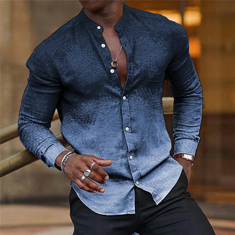 Gradient Men's Casual Long Sleeve Stand Collar Shirt - VAleG