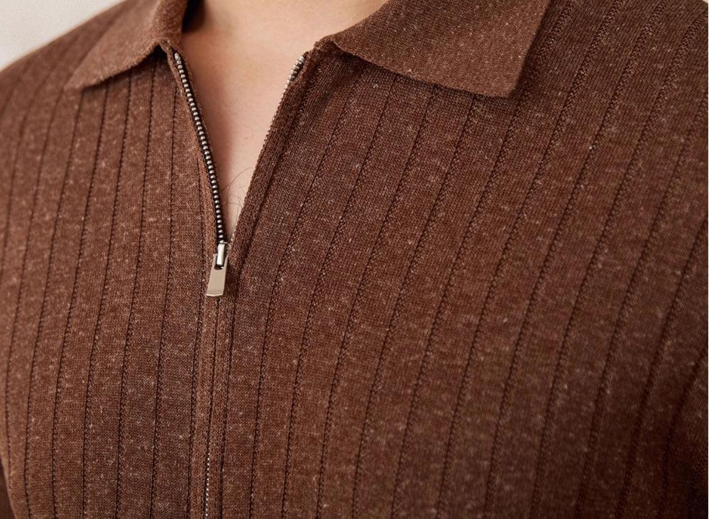 Linen Blend Lapel Zipper Sunken Stripe Short Sleeve - VAleG