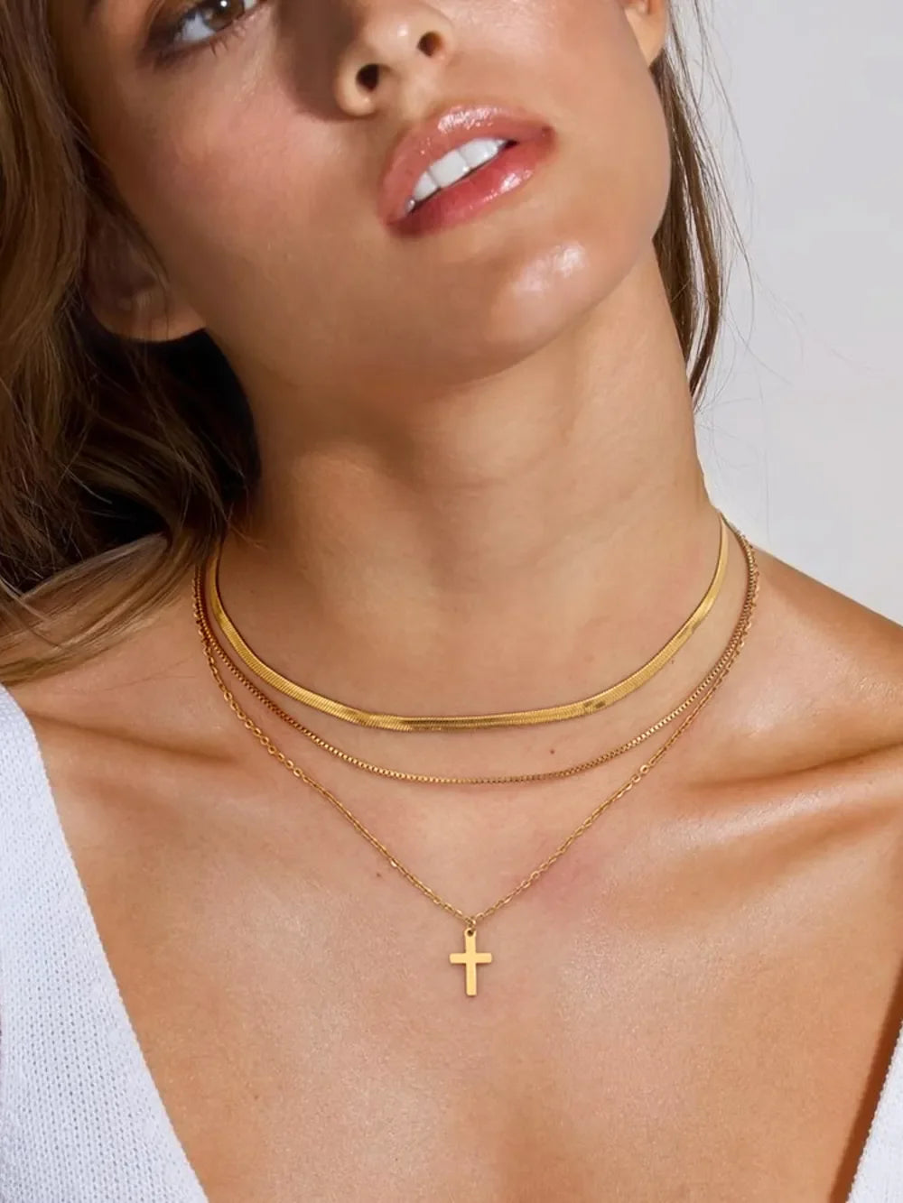 18K Gold-Plated Three-Layered Cross Necklace - VAleG