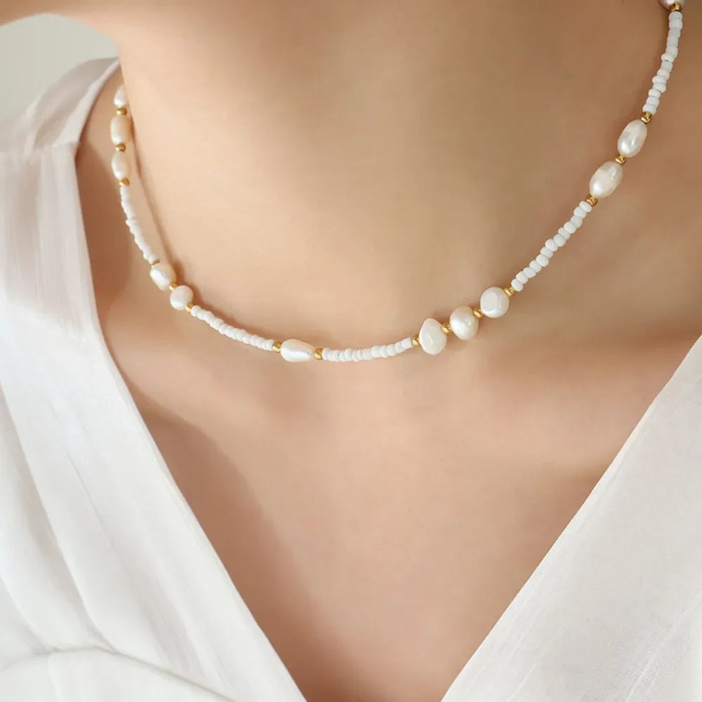 Titanium Steel Glass Bead Pearl Necklace - VAleG