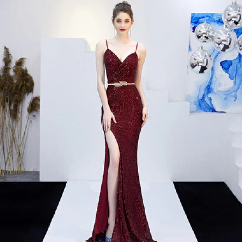 New Banquet Elegant Annual Meeting Long Host Deep V Sexy Fishtail Sequined Dress - VAleG