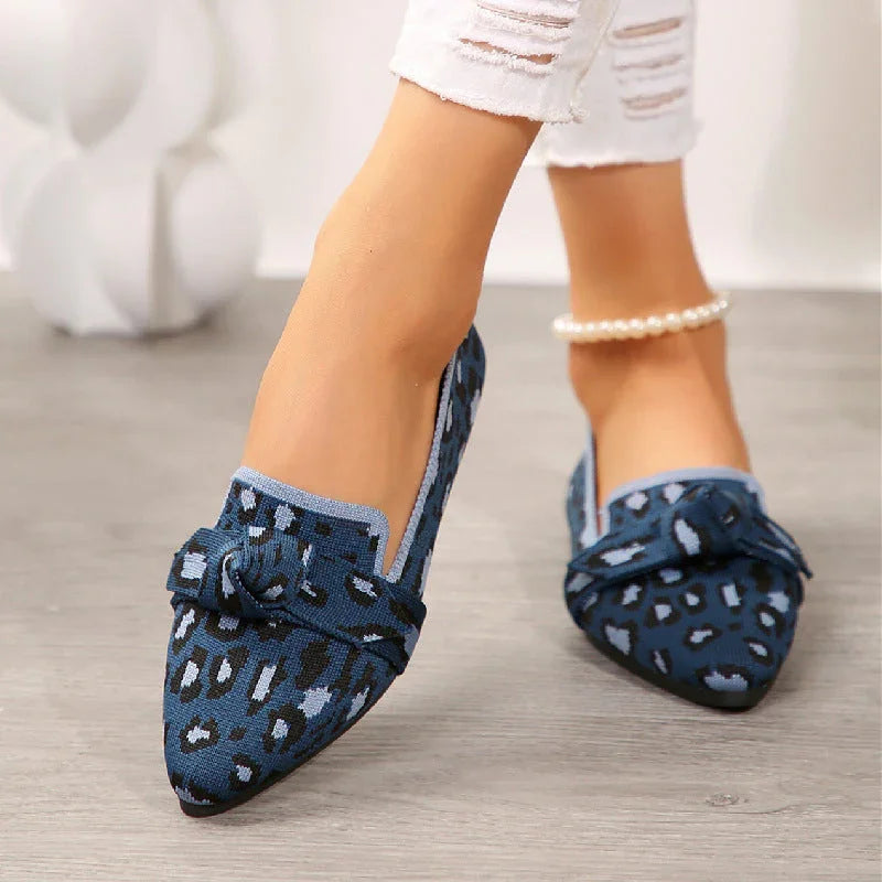 Plus Size Flyknit Flat Low-cut Shoes Female Pointed-toe Bowknot Boat Shoes - VAleG