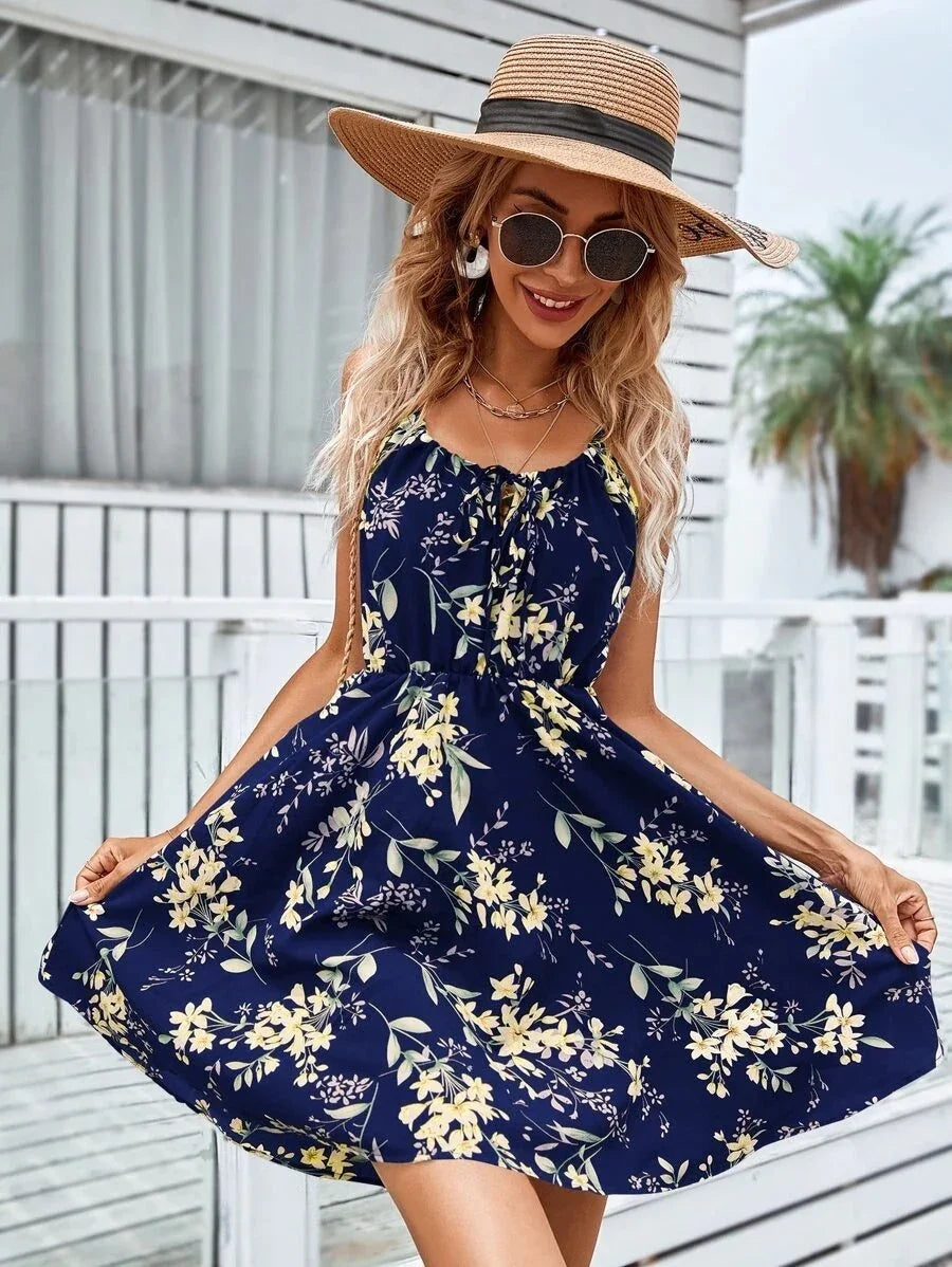 Floral Print Suspender Dress With Elastic Waist Design Fashion Summer Short Dresses Womens Clothing - VAleG