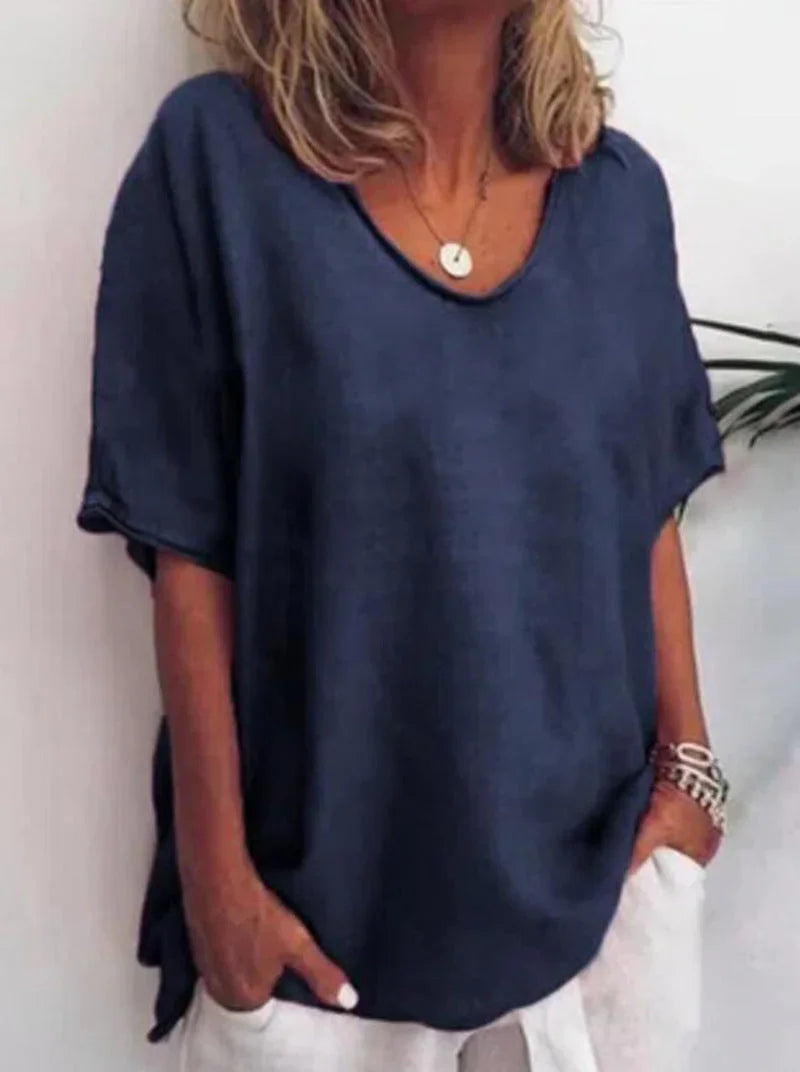 Cotton And Linen Solid Color Short-sleeved T-shirt Women's Casual Coat - VAleG