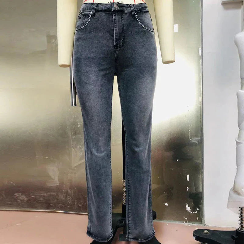 European And American Hot Pants New Retro Embroidered Skull Hot Rhinestone Elastic Slim Fit Slimming Skinny Denim Trousers - VAleG