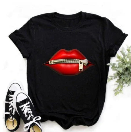 Leopard Print Love Lip Print Fashion Western Style Summer Ladies Print Short-sleeved T-shirt Top - VAleG