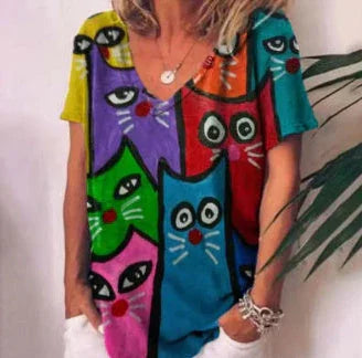 Women's Casual Short Sleeve V-Neck Cat 3D Print Top - VAleG