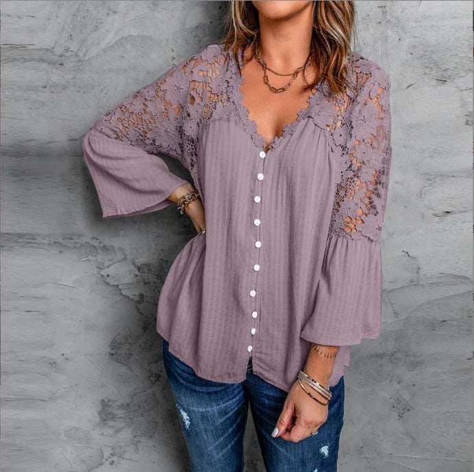 Womens Solid Color V Stitching Breasted Flared Sleeve Top - VAleG