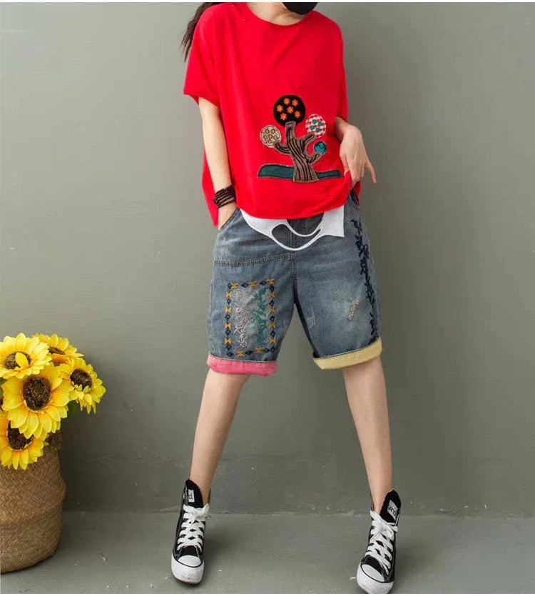Women's Summer Ethnic Style Embroidered Denim Five-point Pants - VAleG