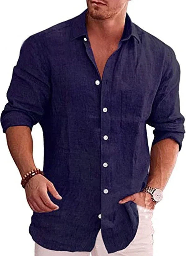 Men's Loose Plus Size Solid Color Shirt Linen Lapel Long Sleeve Casual Shirt - VAleG