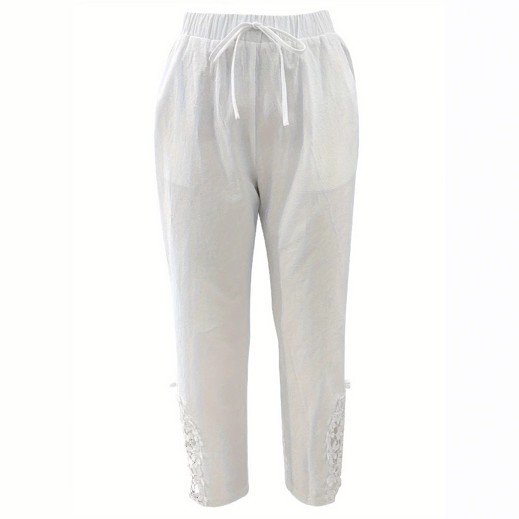 Pantaloni casual dritti da donna con coulisse in pizzo