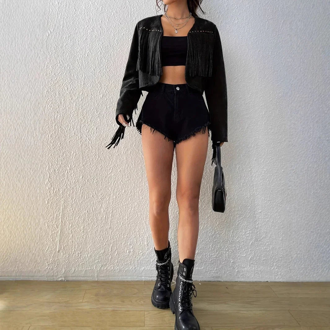 Women's Fashion Solid Color Tassel Rivet Design Front Open Short Jacket - VAleG