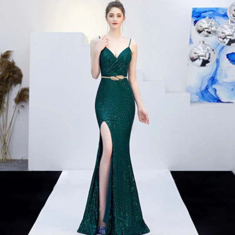 New Banquet Elegant Annual Meeting Long Host Deep V Sexy Fishtail Sequined Dress - VAleG