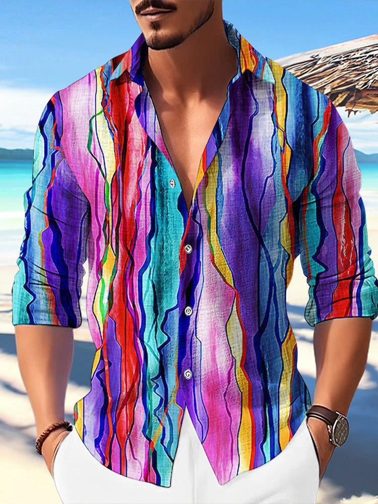 Color Matching Bamboo Linen Printed Men's Shirt VAleG